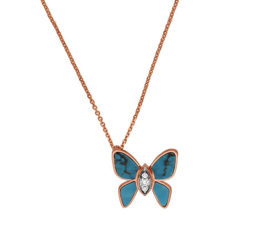 Ожерелье из розового золота с бирюзово-голубой бабочкой и бабочкой 