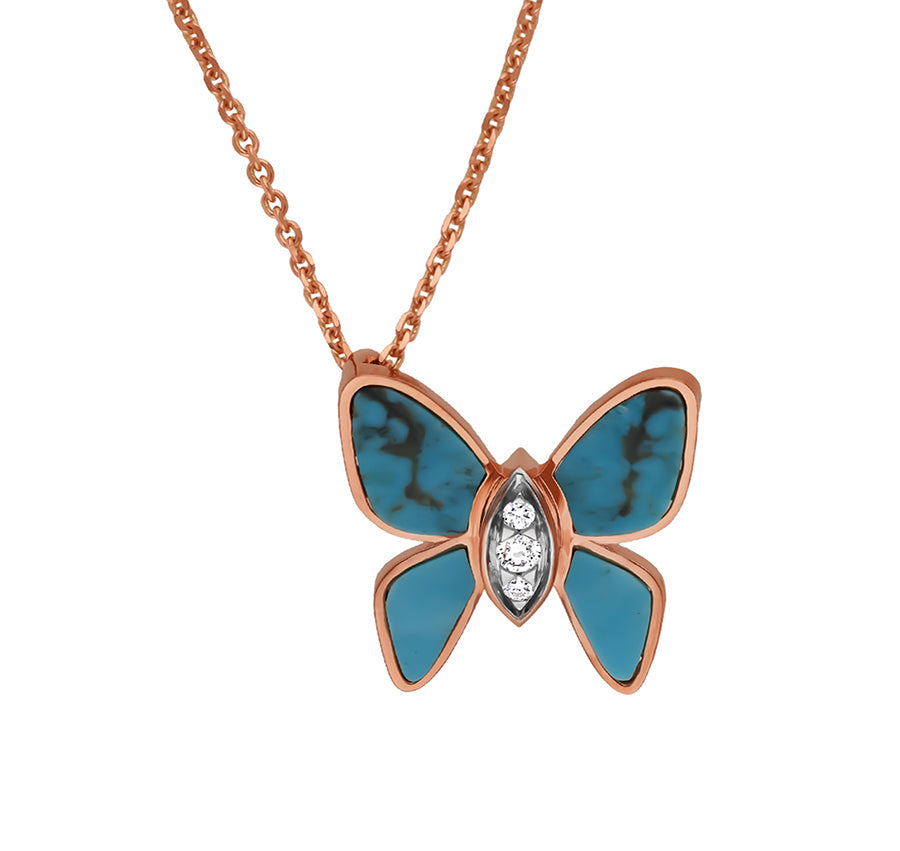 Turquoise Sky Blue Butterfly Rose Gold Necklace