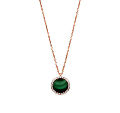 Round Pendant With Green Malachite Natural Diamond Rose Gold Necklace