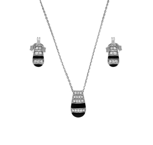 Round Diamond With Black Enamel White Gold Necklace Set