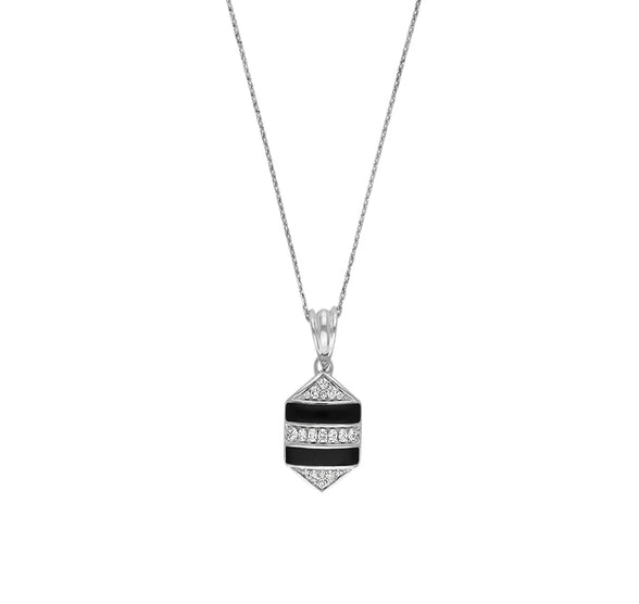 Hexagon Shape Pendant With Black Enamel & Round Diamond Necklace Set