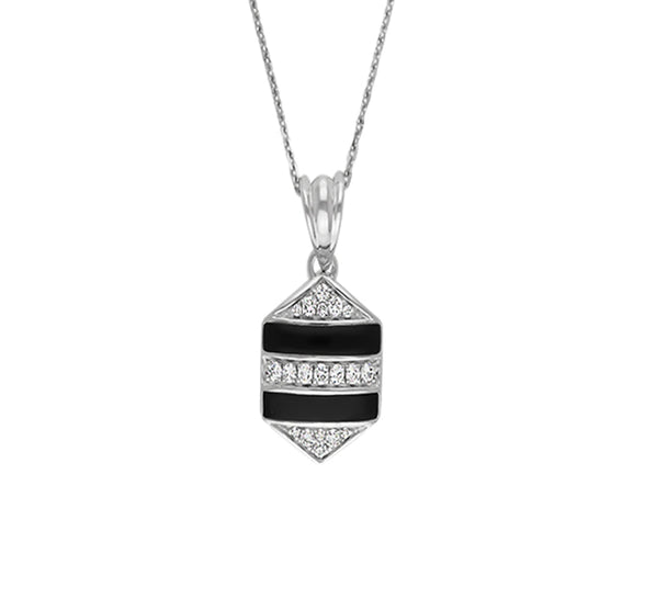 Hexagon Shape Pendant With Black Enamel & Round Diamond Necklace Set