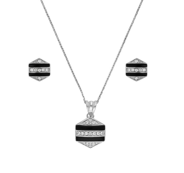 Hexagon Shape Pendant With Black Enamel & Round Diamond Necklace Set