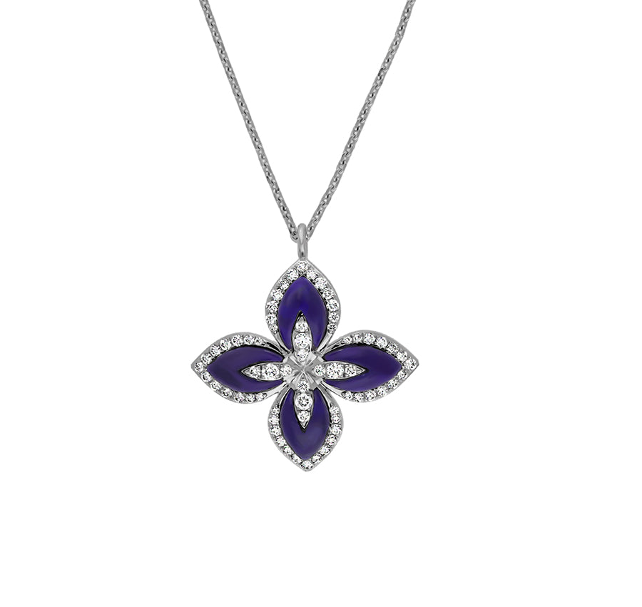 Princess Flower Shape Round Diamond With Dark Blue Lapis Necklace
