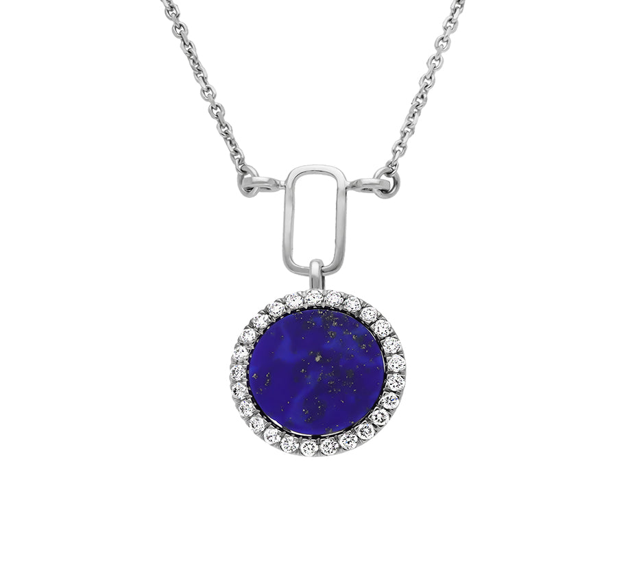 Round Shape Pendant With Dark Blue Lapis Natural Diamond White Gold Necklace