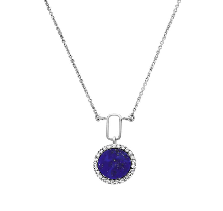 Round Shape Pendant With Dark Blue Lapis Natural Diamond White Gold Necklace