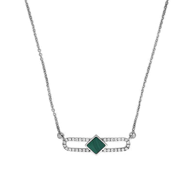 Rhombus Shape Round & Green Malachite Diamond White Gold Necklace