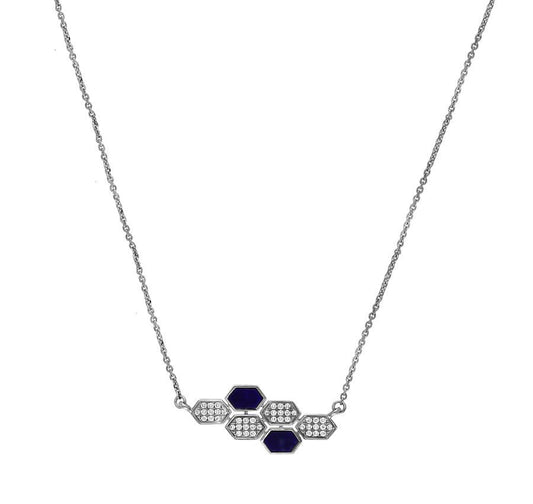 Hexagon Shape Dark Blue Lapis With Round Diamond White Gold Fancy Necklace