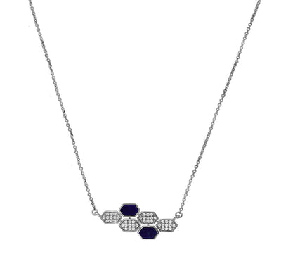 Темно-синий лазурит шестиугольной формы с круглым бриллиантом из белого золота, необычное ожерелье 