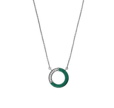 Circle Shape Half Green Malachite With Round Diamond Necklace