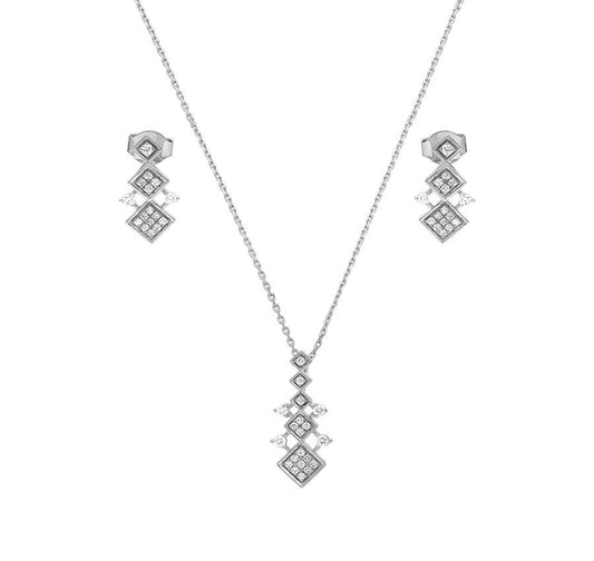 Dainty Rhombus & Round Diamond White Gold Necklace Set