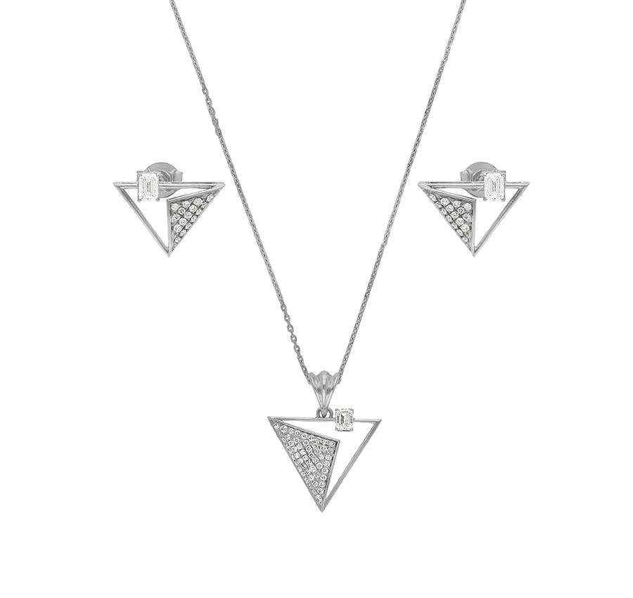 Triangle Shape Round & Emerald Cut Diamond White Gold Necklace Set