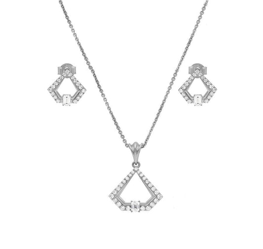 Center Emerald Cut and Round Natural Diamond With Prong Set White Gold Elegant Necklace Set