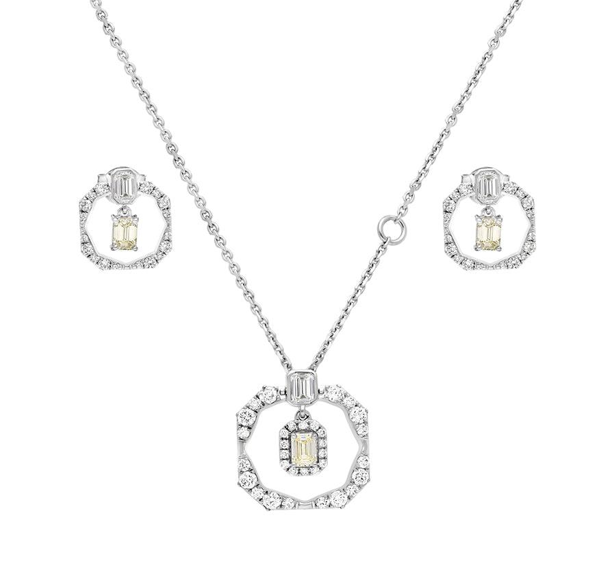 Octagon Shape Emerald & Round Diamond White Gold Necklace Set