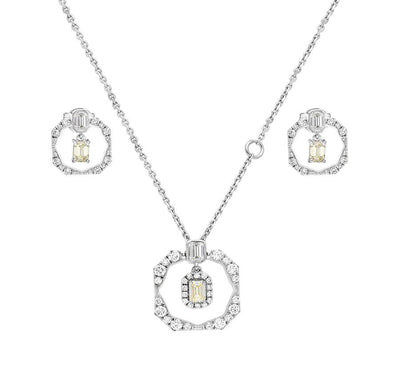 Octagon Shape Emerald & Round Diamond White Gold Necklace Set