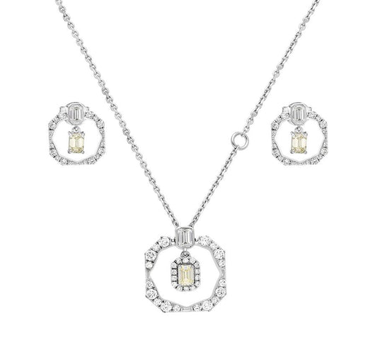 Octagon Shape Emerald & Round Diamond White Gold Necklace Set