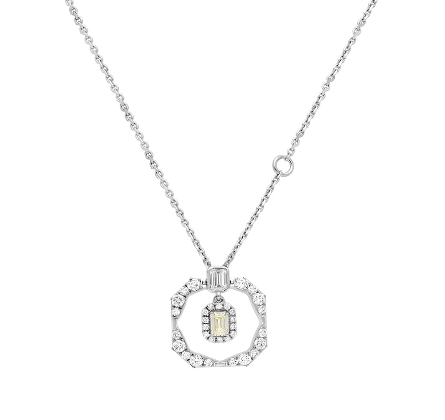 Octagon Shape Emerald & Round Diamond White Gold Necklace Set