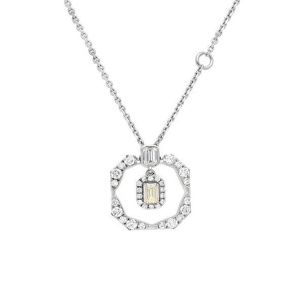 Octagon Shape Emerald & Round Diamond White Gold Necklace Set