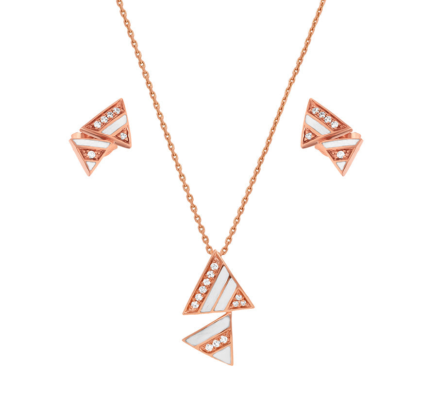 Divkāršs trīsstūris ar baltu emalju rozā zelta kaklarotas komplekts 