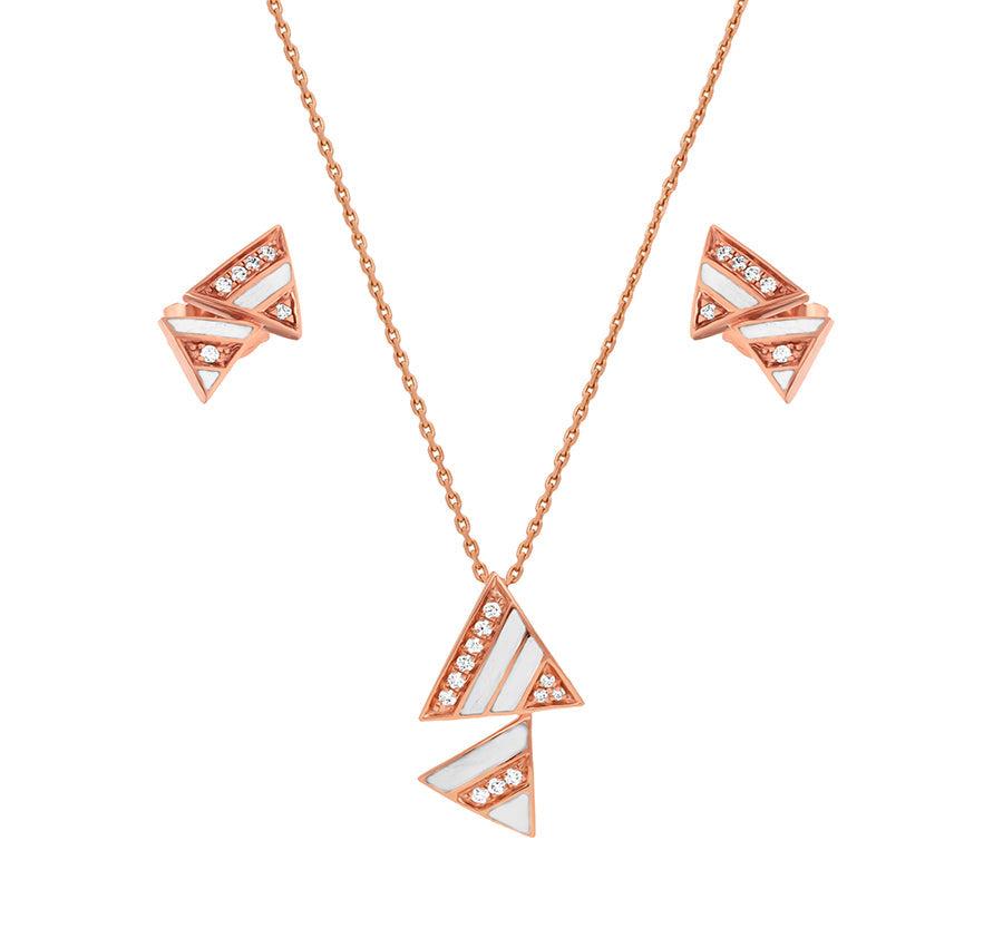 Dual Triangle With White Enamel Rose Gold Necklace Set