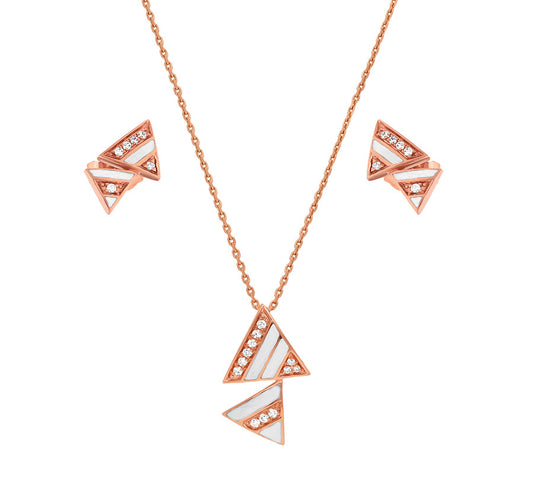 Комплект ожерелья из розового золота с двойным треугольником и белой эмалью 