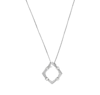 Rhombus Shape Round & Emerald Cut Diamond White Gold Necklace Set