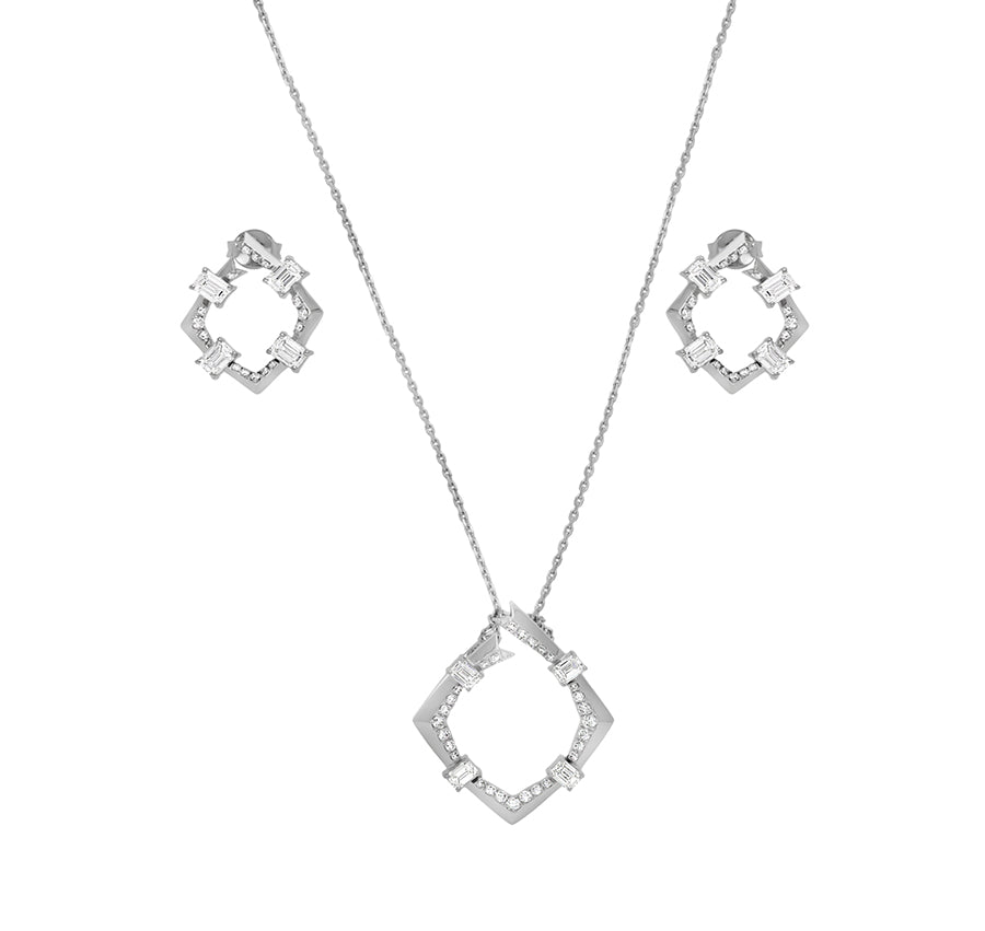 Rhombus Shape Round & Emerald Cut Diamond White Gold Necklace Set