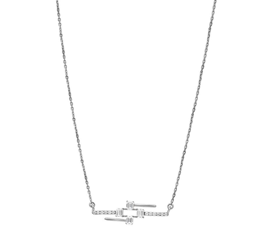 Round & Emerald Cut Diamond White Gold Dainty Necklace