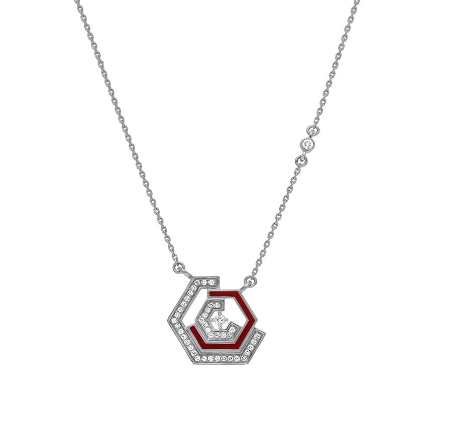 Hexagon Shape Red Enamel White Gold Diamond Necklace Set