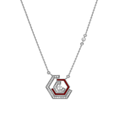 Hexagon Shape Red Enamel White Gold Diamond Necklace Set