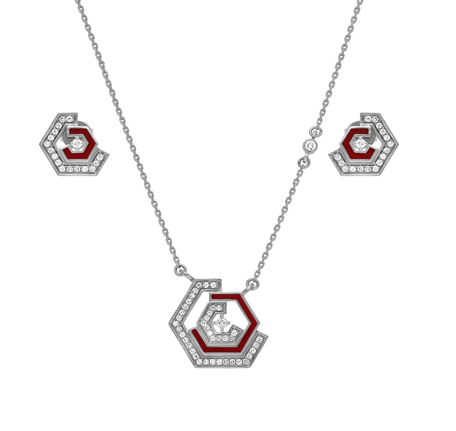 Комплект ожерелья с бриллиантами шестиугольной формы из красной эмали из белого золота 
