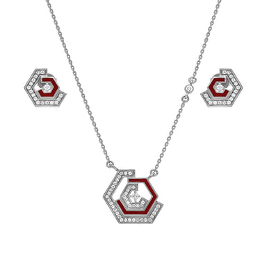 Комплект ожерелья с бриллиантами шестиугольной формы из красной эмали из белого золота 