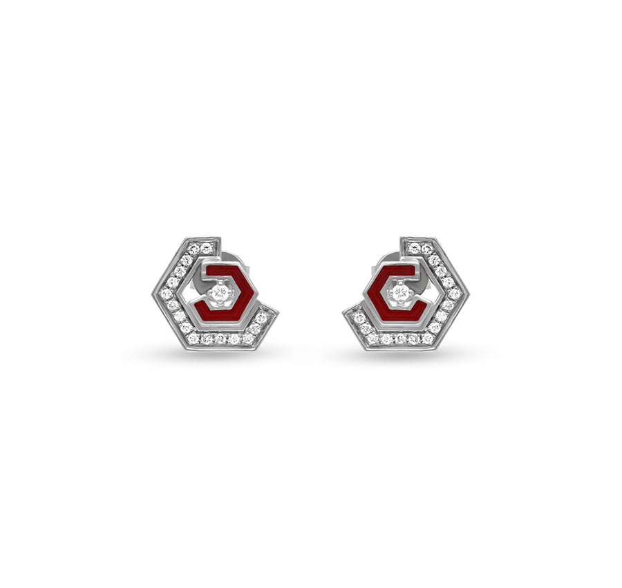 Hexagon Shape Red Enamel White Gold Diamond Necklace Set