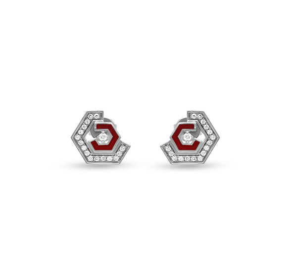 Hexagon Shape Red Enamel White Gold Diamond Necklace Set