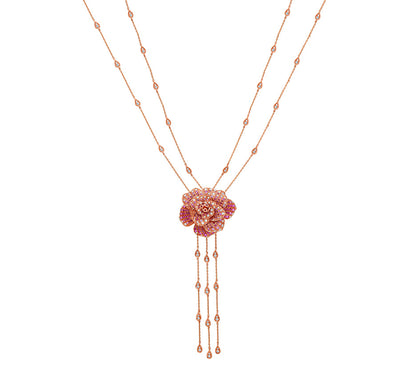 Blossom Flower Double Chain Set with  Ruby Diamond Rose Gold Necklace Set