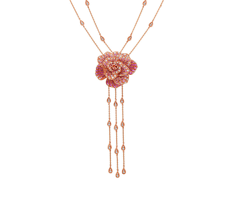 Blossom Flower dubultā ķēdes komplekts ar Ruby Diamond Rose Gold kaklarotas komplektu 