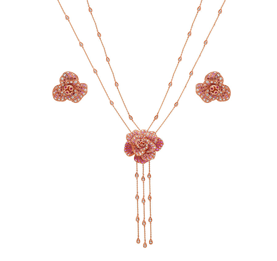 Двойная цепочка Blossom Flower с колье из розового золота с рубинами и бриллиантами 