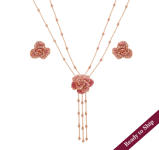 Blossom Flower dubultā ķēdes komplekts ar Ruby Diamond Rose Gold kaklarotas komplektu 