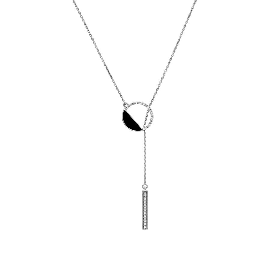 Round Shape Pendant Black Enamel White Gold Necklace