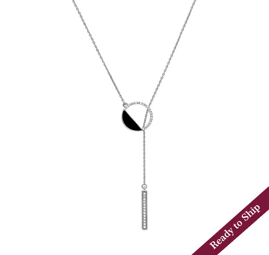 Round Shape Pendant Black Enamel White Gold Necklace