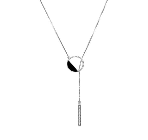 Round Shape Pendant Black Enamel White Gold Necklace