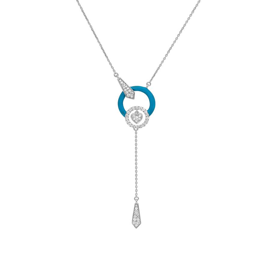 Sky Blue Enamel With Dangle Chain Pave Setting Round Diamond White Gold Necklace