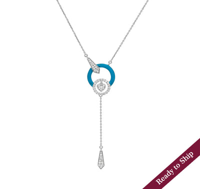 Sky Blue Enamel With Dangle Chain Pave Setting Round Diamond White Gold Necklace