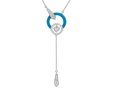 Ожерелье из белого золота с небесно-голубой эмалью и подвесной цепочкой в ​​оправе из круглого бриллианта и белого золота 