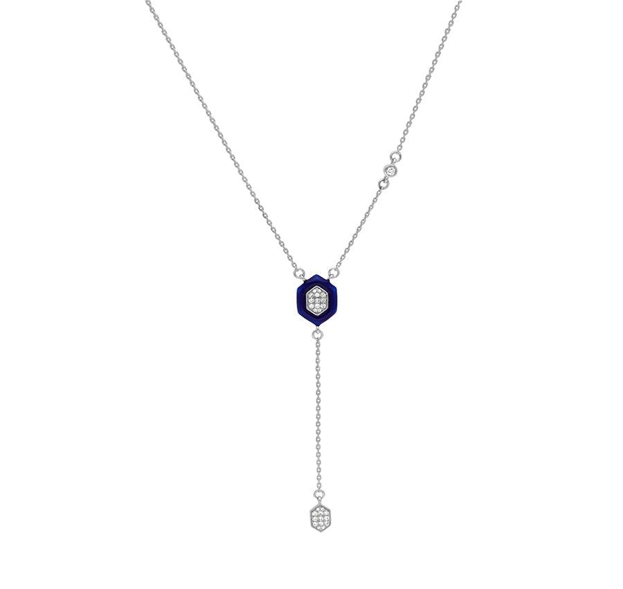 Hexagon Shape Pendant With Dark Blue Enamel Dangle Chain White Gold Necklace