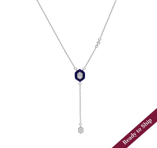 Hexagon Shape Pendant With Dark Blue Enamel Dangle Chain White Gold Necklace