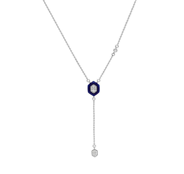 Hexagon Shape Pendant With Dark Blue Enamel Dangle Chain White Gold Necklace