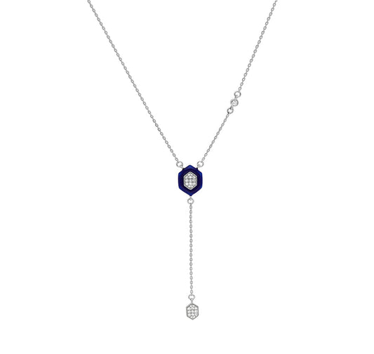 Шестиугольная форма с темно-синей эмалью, подвесная цепочка, ожерелье из белого золота 