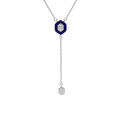 Hexagon Shape Pendant With Dark Blue Enamel Dangle Chain White Gold Necklace