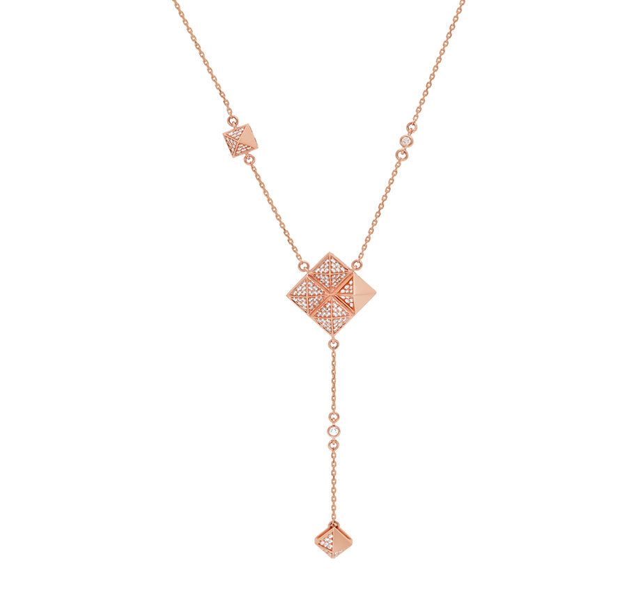 Rhombus Shape Pendant With Round Diamond Rose Gold Necklace Set